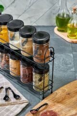 Best Hırdavat 2 Katlı Büyük Metal Standlı 10'lu Cam Baharatlık Seti 350 ml Etiketli