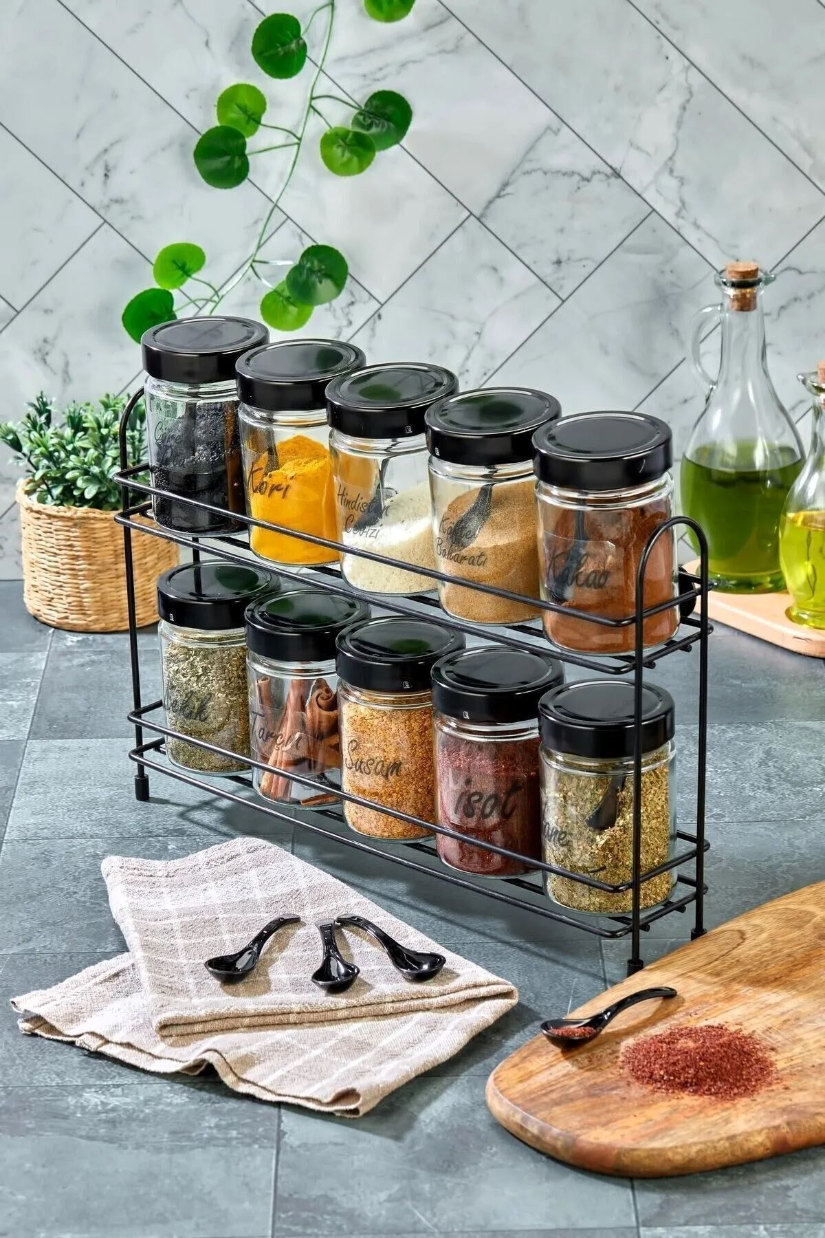 Best Hırdavat 2 Katlı Büyük Metal Standlı 10'lu Cam Baharatlık Seti 350 ml Etiketli