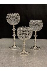 Kristal Taşlı Ayaklı Gümüş Şamdan 3'lü Set
