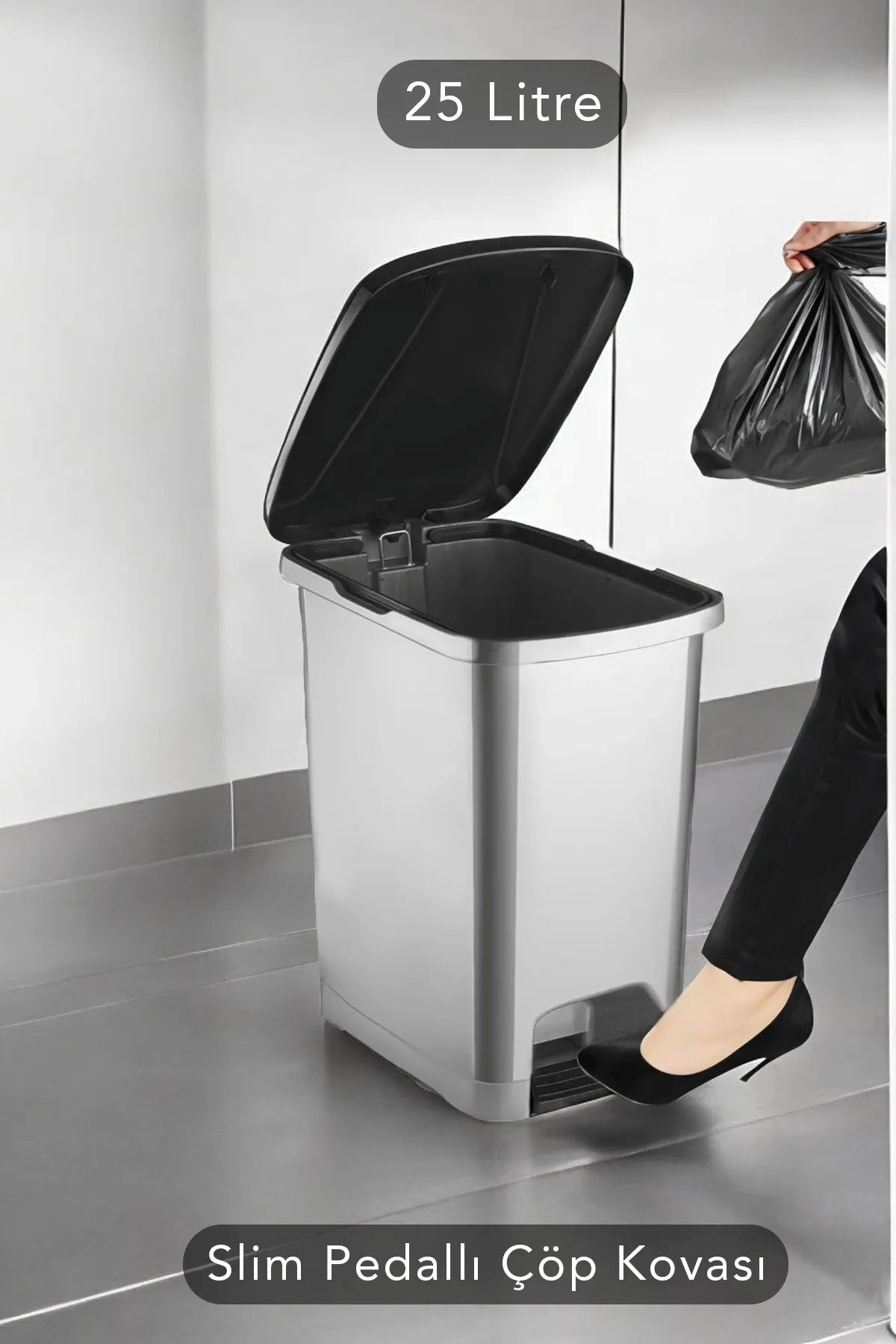 Slim Pedallı Banyo Mutfak Çöp Kovası - 25 Litre - Antrasit